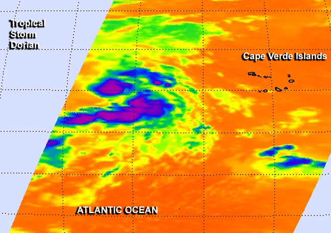 NASA's Aqua satellite captured this infrared image of Tropical Storm Dorian. The strongest storms and heaviest rains are around the centre.