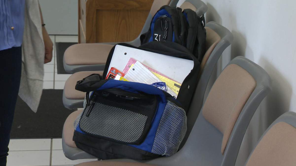 One of the dozens of ‘stuffed’ back packs Renuka Koilpillai hopes to hand out to low-income families this September.