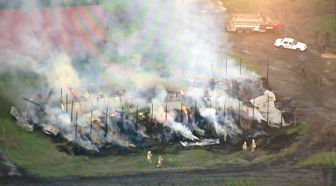 A barn burns Tuesday morning south of Winnipeg.