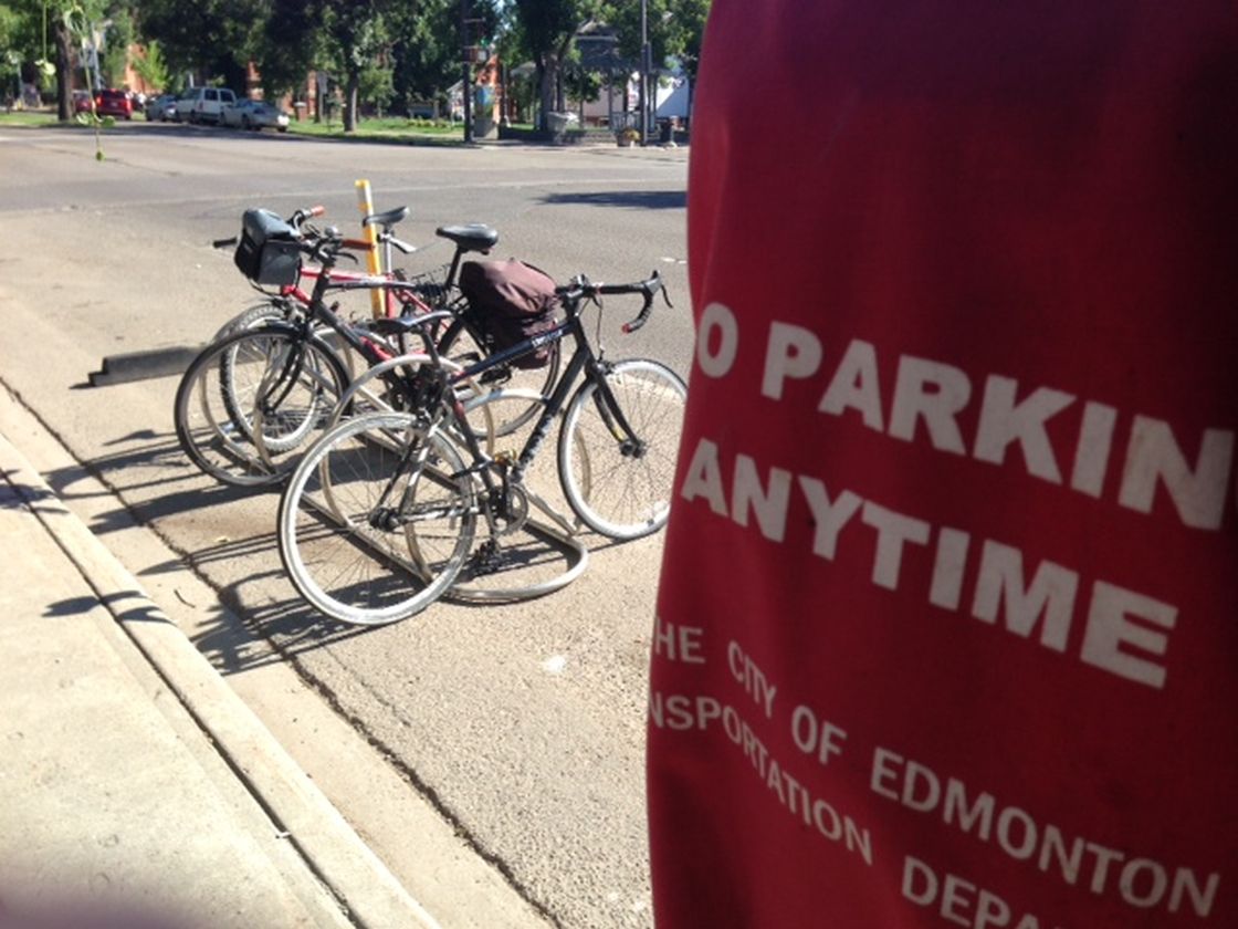 Old Strathcona and the 124th Street shopping district  received new bike corrals in July 2013.