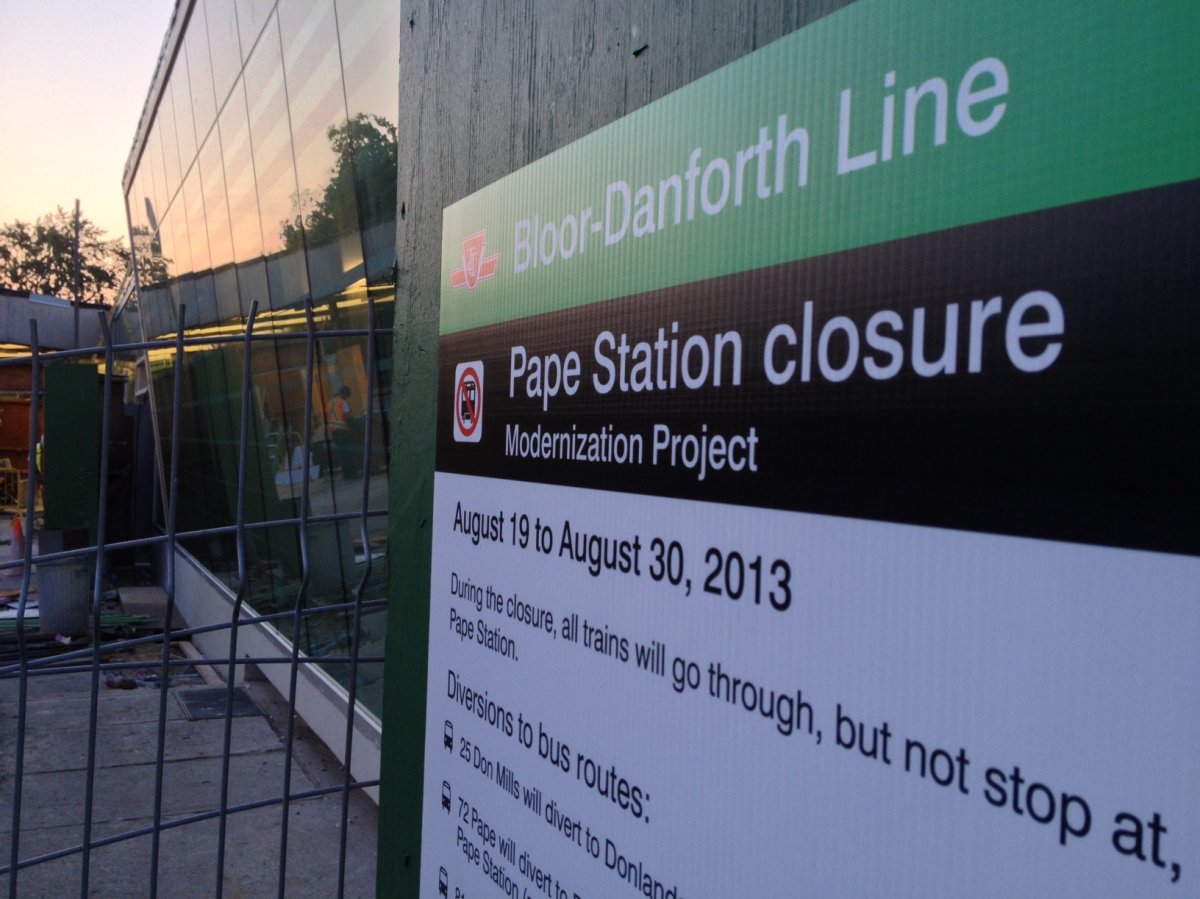 The TTC’s Pape Station will be closed from August 19 to 30 for renovations.