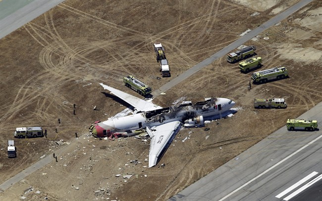 This aerial photo shows the wreckage of the Asiana Flight 214 airplane after it crashed at the San Francisco International Airport in San Francisco, Saturday, July 6, 2013. 
