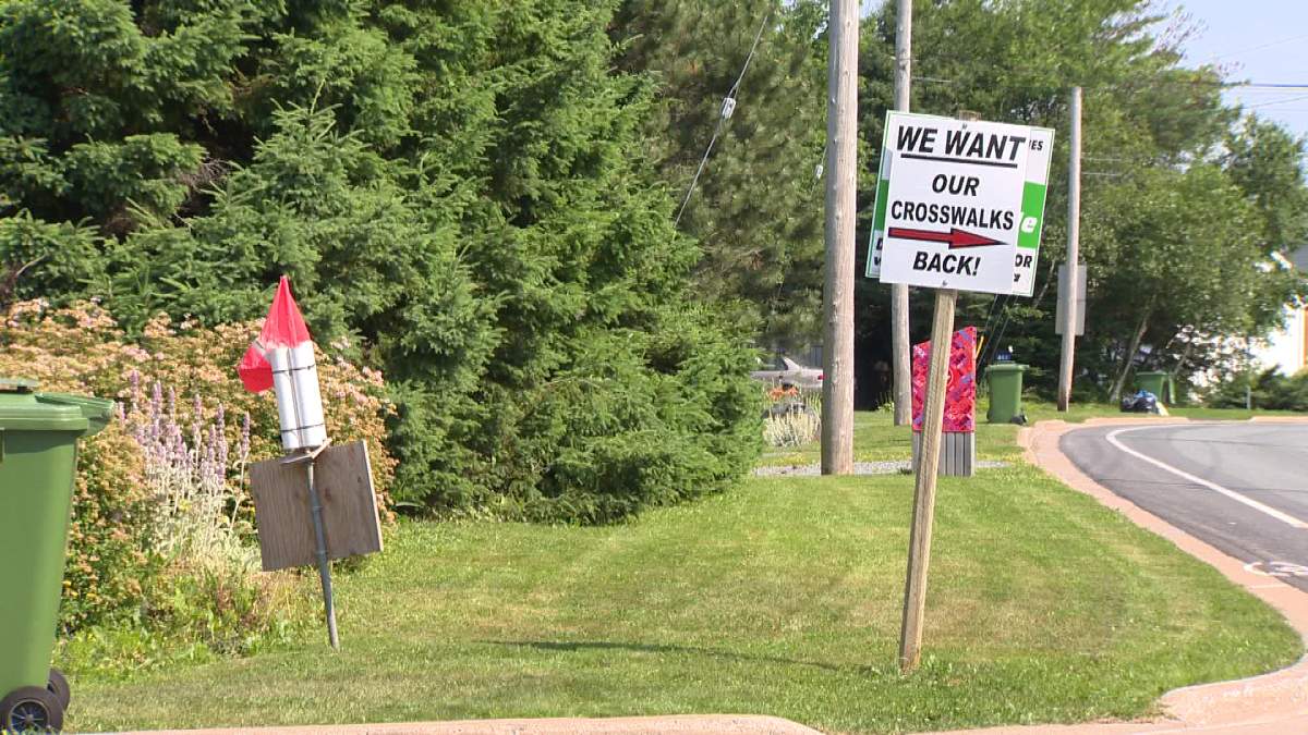 Private citizens maintain crosswalk flags at one crossing on the Waverley Road in Dartmouth.