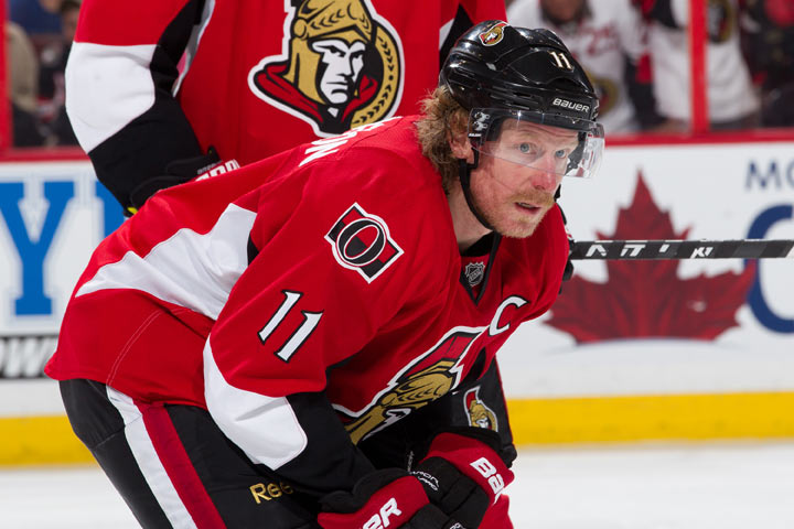 Daniel Alfredsson #11 of the Ottawa Senators prepares for a faceoff in Game Three of the Eastern Conference Semifinals against the Pittsburgh Penguins during the 2013 NHL Stanley Cup Playoffs, at Scotiabank Place, on May 19, 2013 in Ottawa, Ontario, Canada.