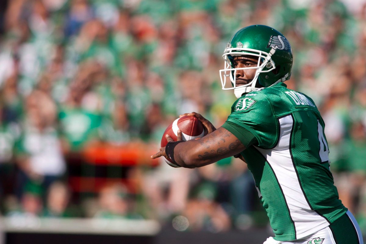 Saskatchewan Roughriders quarterback DarianDurant looks to make a pass against the Hamilton Tiger-Cats during the first half of CFL football action at Mosaic Stadium on Sunday, July 21, 2013 in Regina.