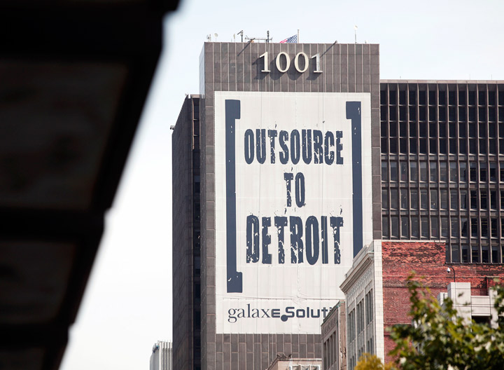 A banner on a building in downtown Detroit is shown July 18, 2013 in Detroit, Michigan.