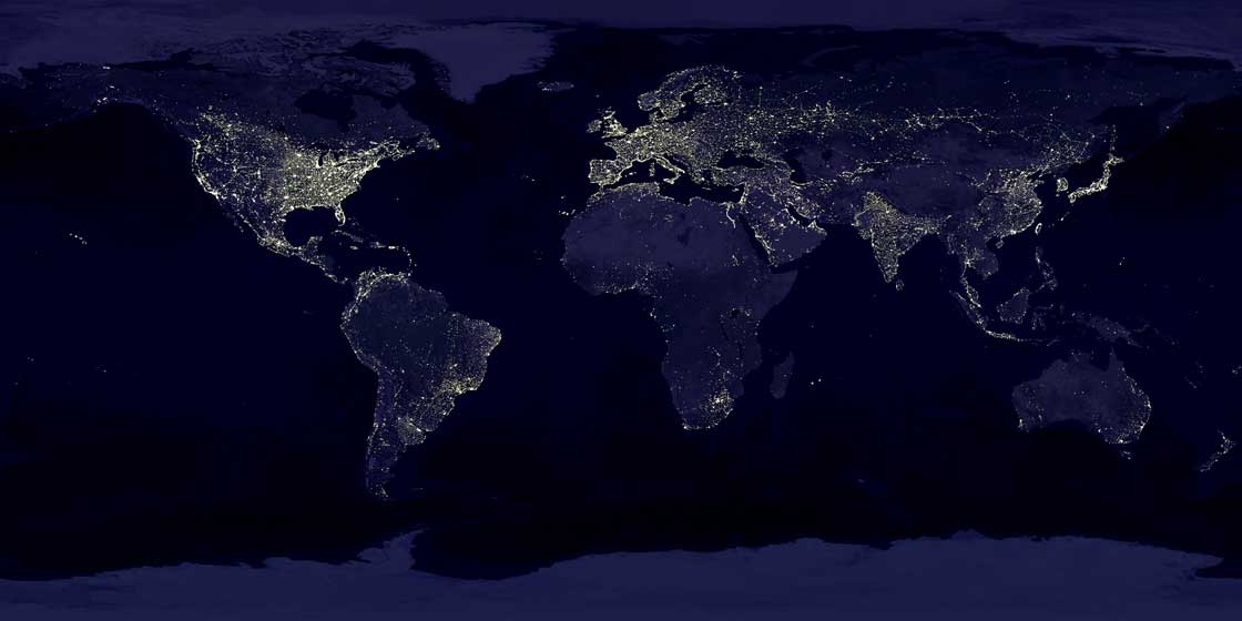 Human influence has greatly shaped our planet, as seen here in a satellite image of lights that dot our planet at night.
