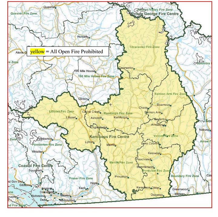 The yellow area indicates the areas that have a fire ban in effect.