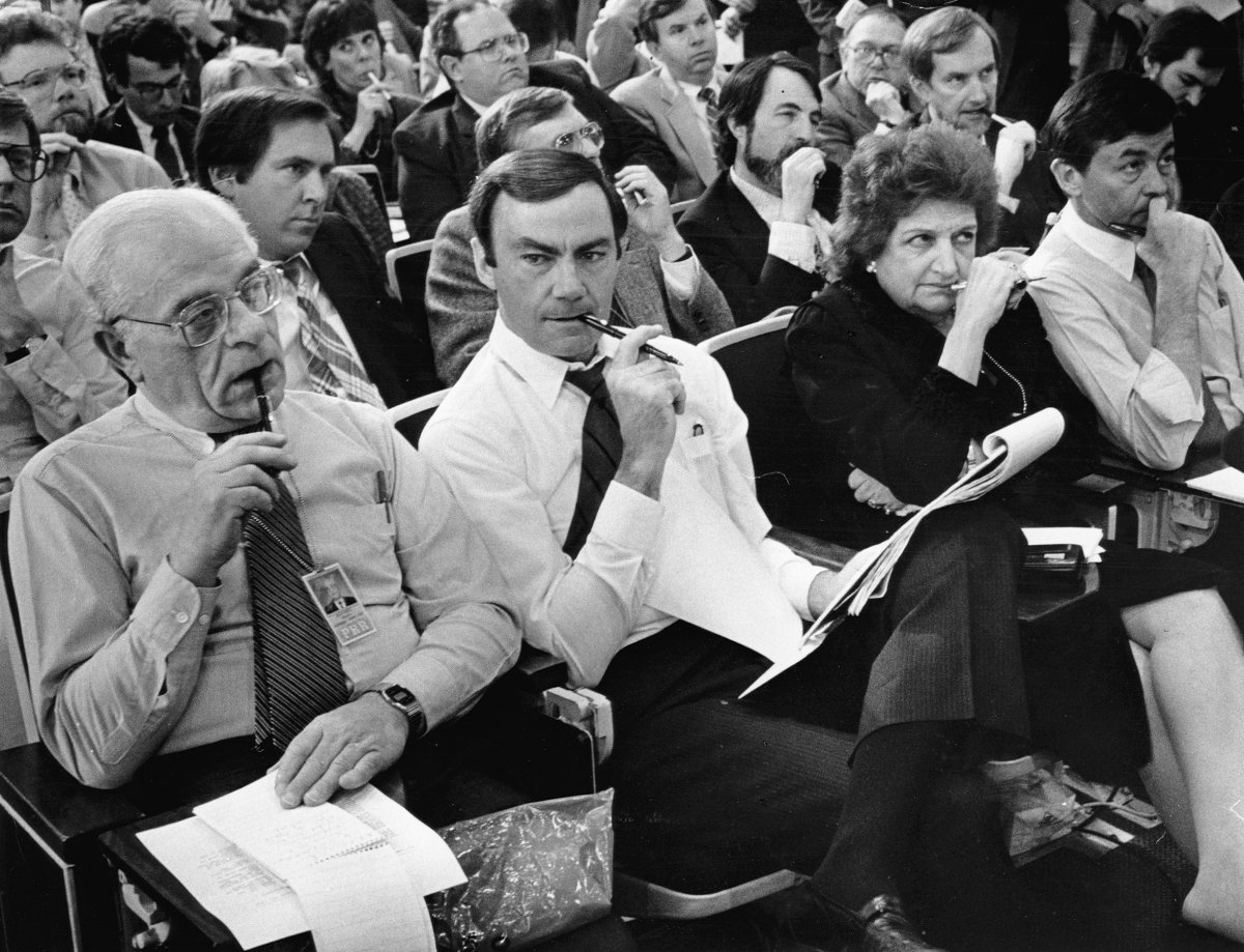 White House press briefing about Libya, March 25, 1986. From left: Ralph Harris (Reuters), Sam Donaldson (ABC), Helen Thomas (UPI) and Bill Plante (CBS).