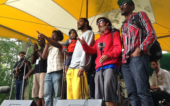 The Hillside Jam takes place on the solar-powered sun stage at Hillside Festival, July 28, 2013. (Photo credit: Heather Loney, Global News)