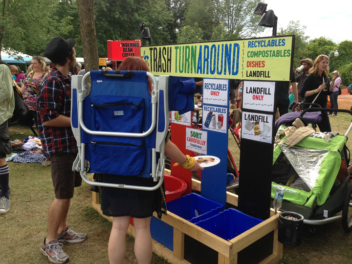 Hillside festival-goers sort their trash at one of the many trash-turnaround stations, July 28, 2013. (Photo credit: Heather Loney, Global News)