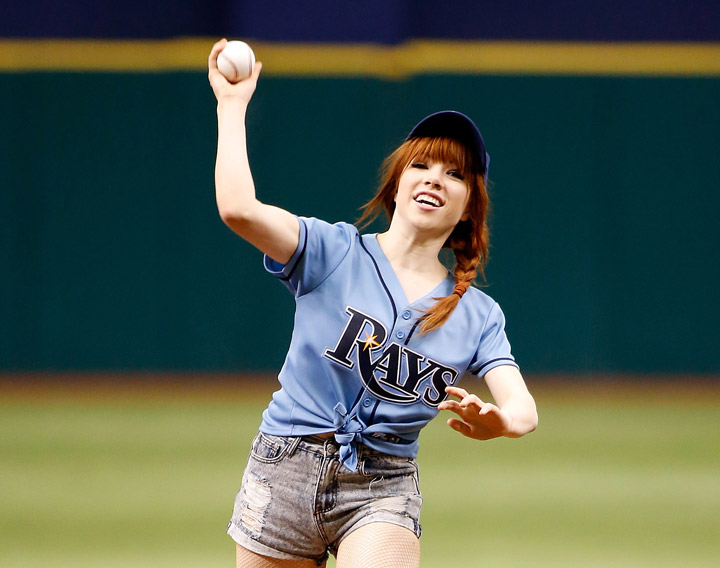 Carly Rae Jepsen throws the ceremonial first pitch at a Tampa Bay Rays game on July 14.