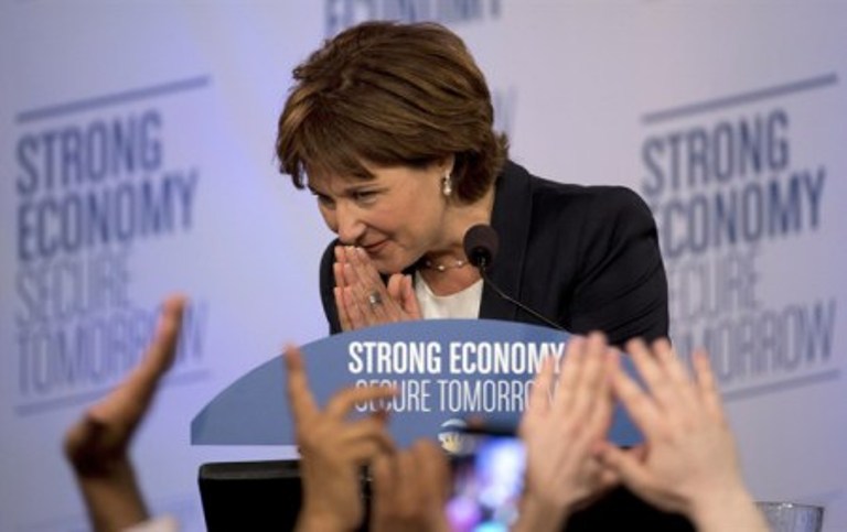 B.C. Liberal leader Christy Clark bows to the crowd after she arrives on stage after winning the British Columbia provincial election in Vancouver, B.C. Tuesday, May 14, 2013. THE CANADIAN PRESS/Jonathan Hayward.