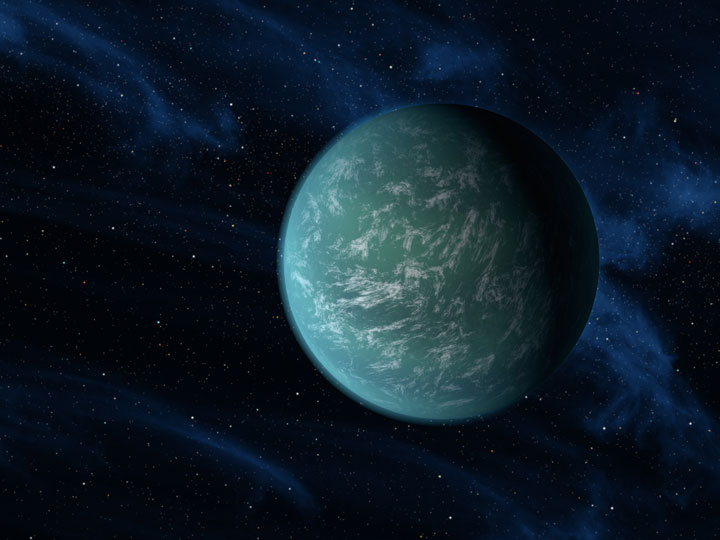 An artist's concept of Kepler 22b, the first planet that the Kepler observatory confirmed to exist within the habitable zone, a region around a star where liquid water could exist.