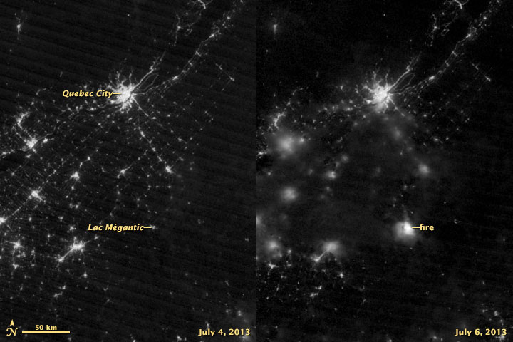 A NASA satellite shows  Lac-Mégantic before and after the train derailment that caused an expat least 13 people on July 6.