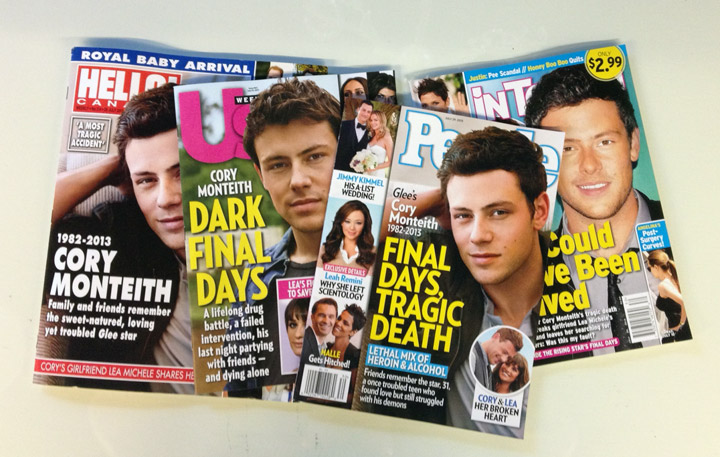 Cory Monteith appears on the covers of many of the major celebrity weeklies.