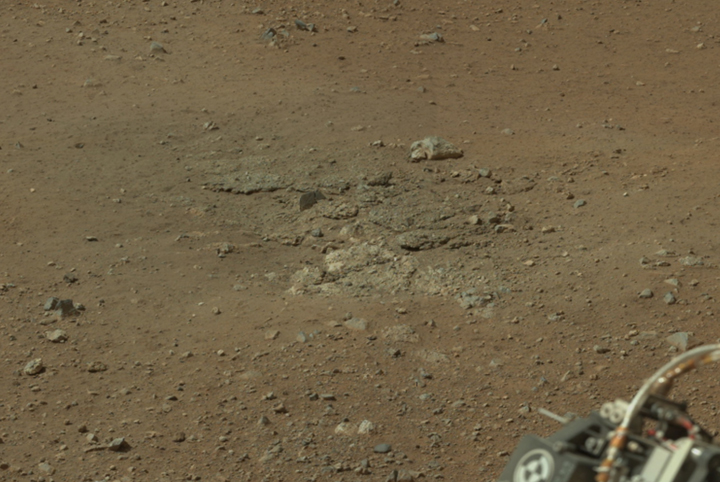 In this photo provided by NASA, a set of marks on the surface of Mars is shown in a cropped image taken with a 34-millimeter Mast Camera on NASA's Curiosity rover on August 18, 2012 on Mars.
