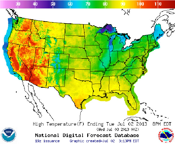 A map showing the forecast temperatures for the United States (in Fahrenheit) on July 2, 2013. The western U.S. is in the midst of record-breaking heat, a factor that easily contributes to forest fires, like the one in Arizona on Monday which killed 19 firefighters. (NOAA)