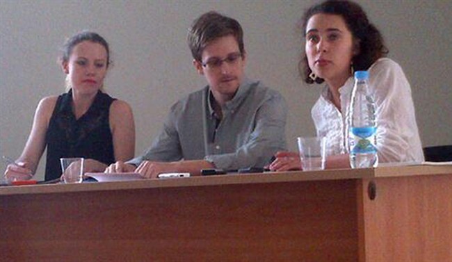 NSA whistleblower Edward Snowden at a press conference at Sheremetyevo airport in Moscow