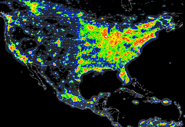 This map illustrates the amount of light pollution across Canada and the United States. Bright white indicates extreme lighting due to cities.