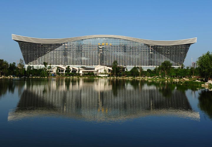 This picture taken on May 26, 2013 shows the "New Century Global Centre" building reflected in an artificial lake in Chengdu, in southwest China's Sichuan province .