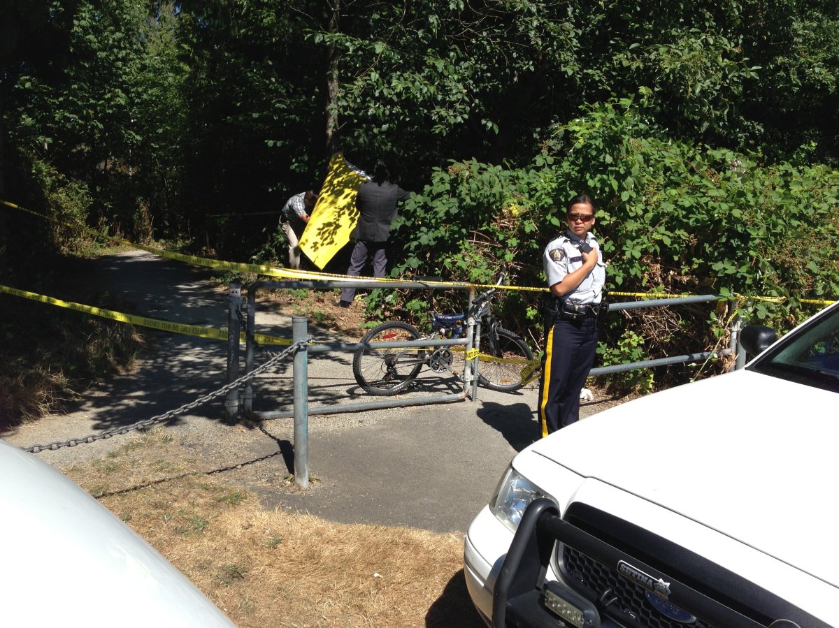 Surrey RCMP investigate after a body was found in a wooded area Friday. 