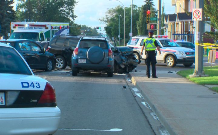 Five people were sent to hospital after a collision near 82nd Street and 115th Avenue, Friday, July 19, 2013.