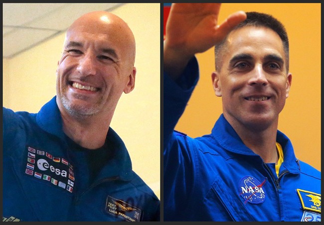  This combination of 2013 file photos shows European Space Agency astronaut Luca Parmitano of Italy, left, and U.S. astronaut Christopher Cassidy in the Baikonur cosmodrome in Kazakhstan. In one of the most harrowing spacewalks in decades, Parmitano had to rush back into the International Space Station on Tuesday, July 16, 2013 after a mysterious water leak inside his helmet robbed him of the ability to speak or hear and could have caused him to choke or even drown. His spacewalking partner, Cassidy, had to help him inside after NASA quickly aborted the spacewalk. (AP Photo/Mikhail Metzel, Dmitry Lovetsky).