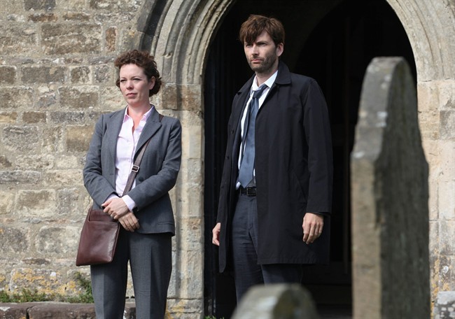 This publicity image released by BBC America shows David Tennant as Alec Hardy, right, and Olivia Coleman as Ellie Miller, from the series Broadchurch, premiering Aug. 7 at 10 p.m. EST.