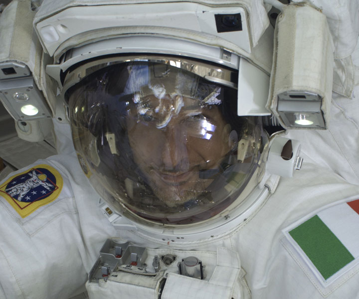 Luca Parmitano, seen here during the July 16 spacewalk. Shortly after fellow astronaut Chris Cassidy took this photo, Parmitano reported water in his helmet.