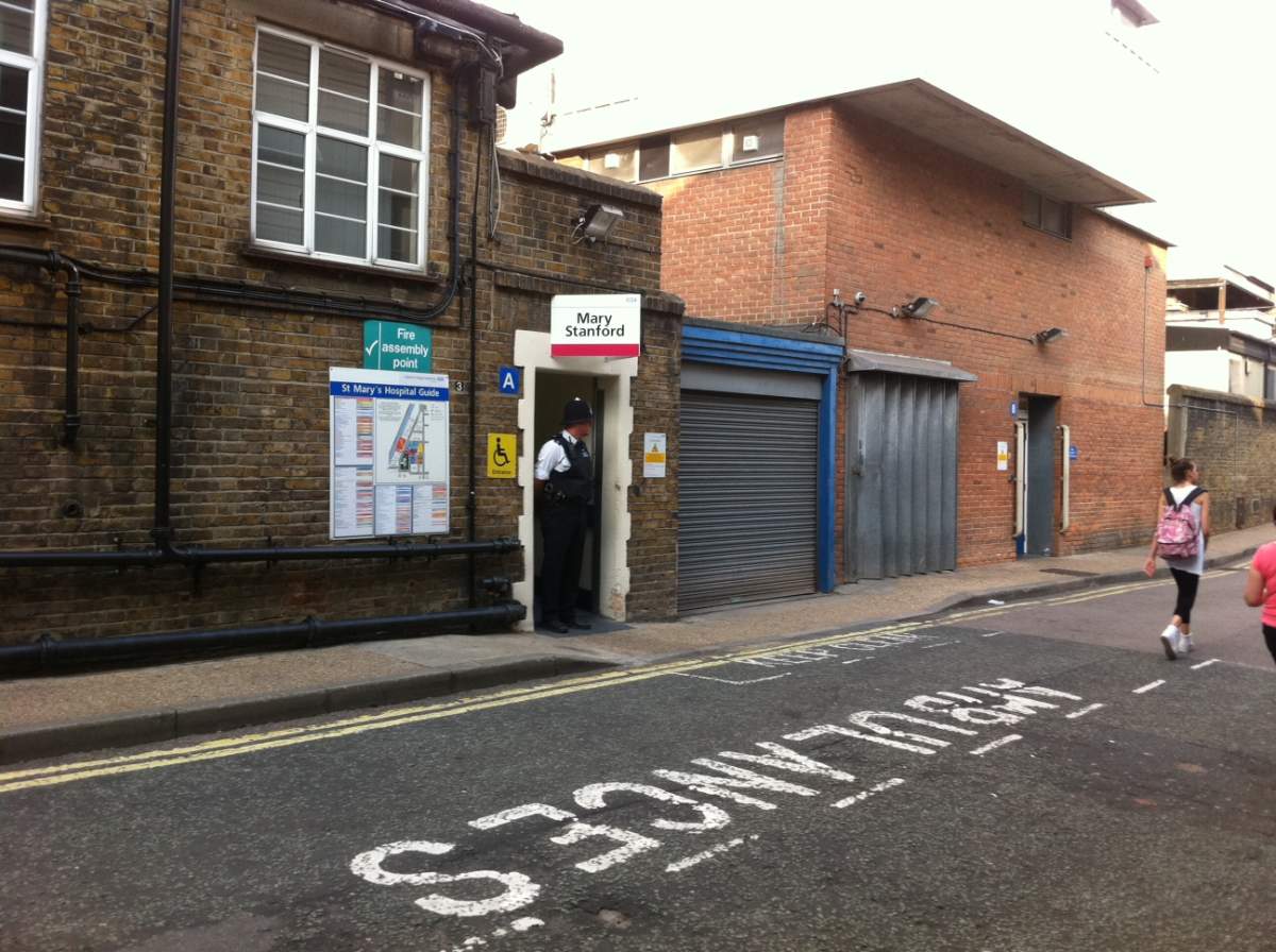 Side entrance to the London hospital where Kate, Duchess of Cambridge, is in labour July 22, 2013.