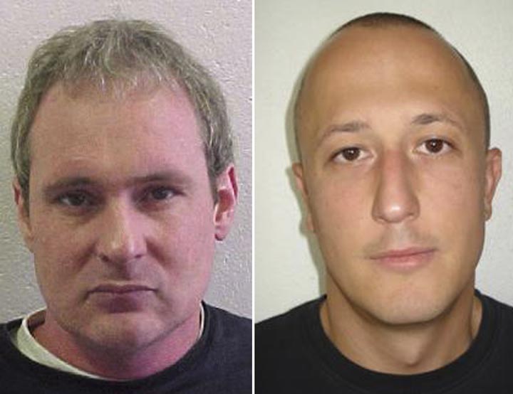 The combo of undated wanted photos issued by the police in Vaud, western Switzerland, shows fugitives Adrian Albrecht, left, and Milan Poparovic who escaped from a Swiss prison on Thursday, July 25, 2013 after accomplices rammed a gate and fired at guards, police said Friday. 