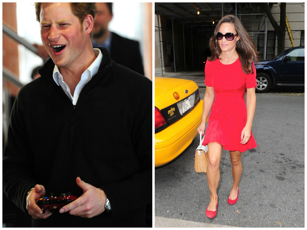 Prince Harry smiles while playing a video game during a visit to Confetti Institute of Creative Technologies, on April 25, 2013 in Nottingham, England and Pippa Middleton is seen arriving at 'The Frick Collection' on the Streets of Manhattan on September 6, 2012 in New York City.