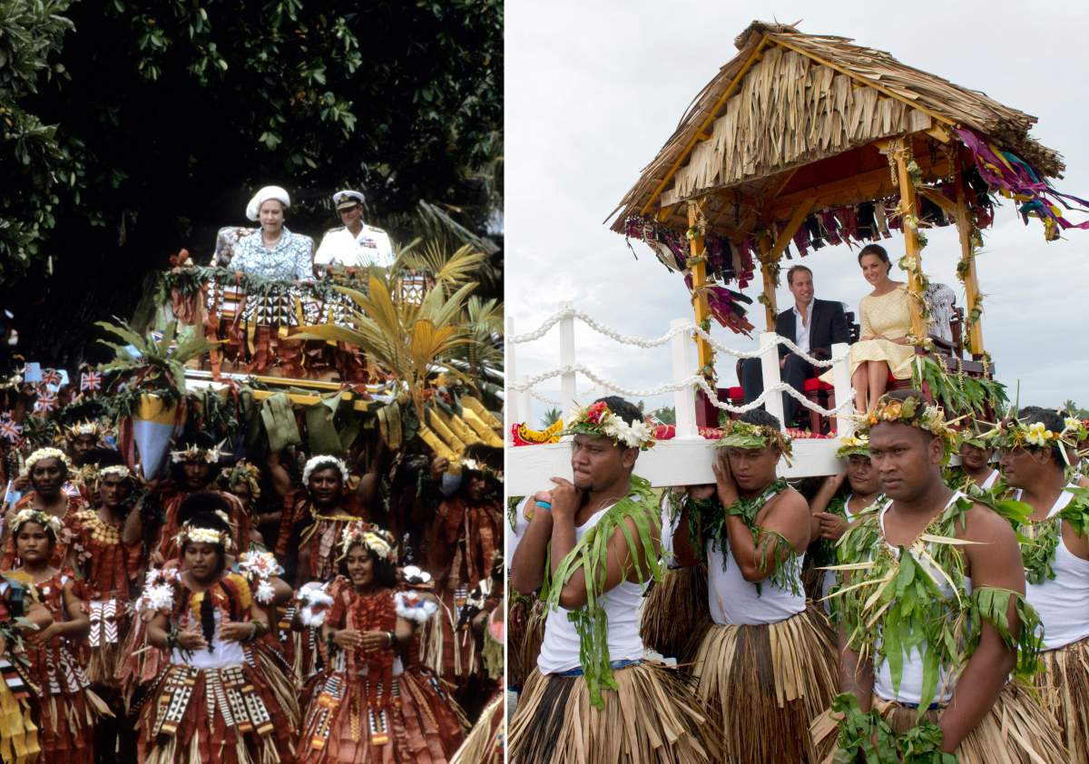 TUVALU:Queen Elizabeth ll and Prince Philip, Duke of Edinburgh are carried ashore on local canoes as they arrive on October 27, 1982 in Tuvalu. / Prince William, Duke of Cambridge and Catherine, Duchess of Cambridge are carried from their plane to a welcoming ceremony on September 18, 2012 in Tuvalu.