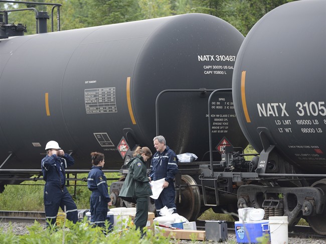 Investigators look over tanker cars that were pulled away from the Lac-Megantic derailed train inferno, in Nantes, Que. on Thursday July 11, 2013.
