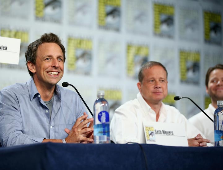 Seth Meyers and Michael Shoemaker speak at "The Awesomes" Comic-Con panel.
