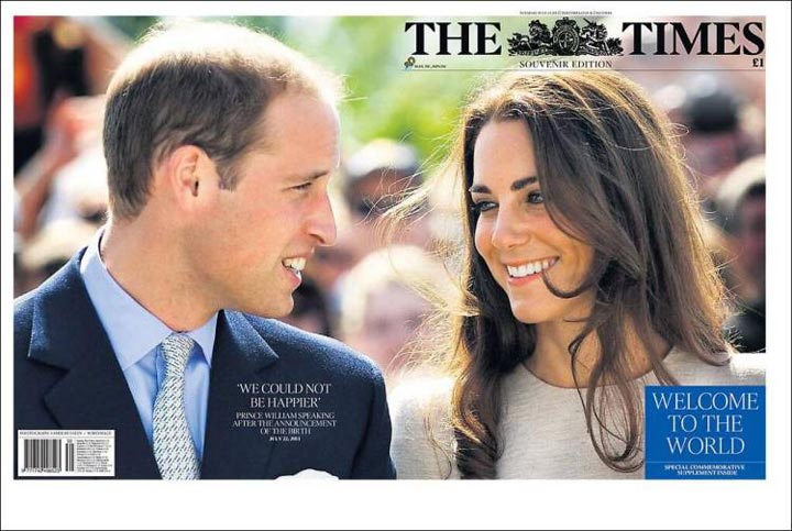 The front page of British newspaper The Times the morning after Kate, Duchess of Cambridge, gave birth to a prince.