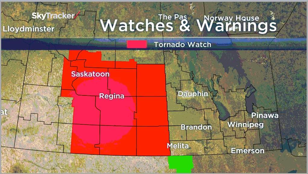 A system that has placed southeastern Saskatchewan on a tornado watch could affect southwestern Manitoba.