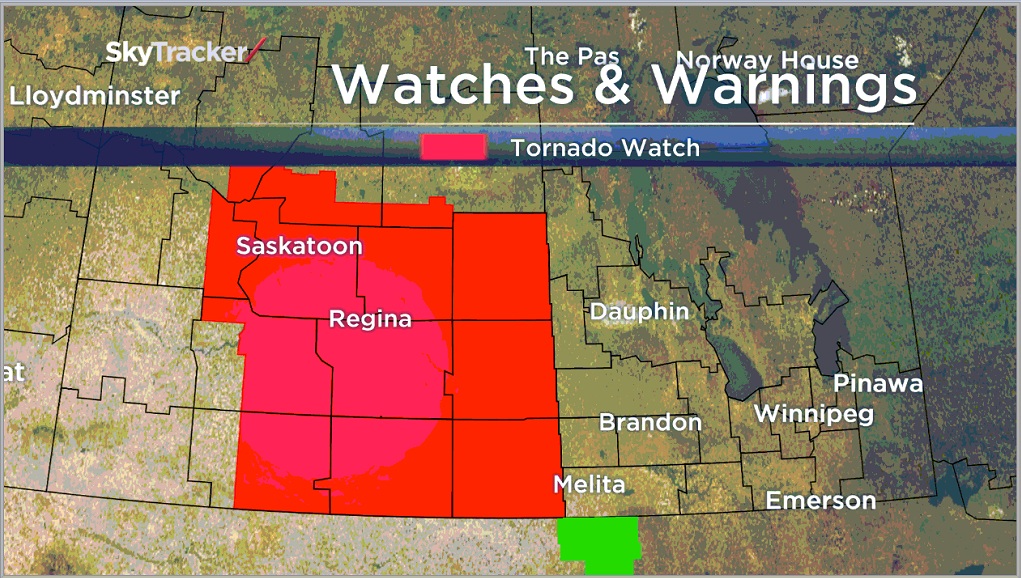 A system that has placed southeastern Saskatchewan on a tornado watch could affect southwestern Manitoba.