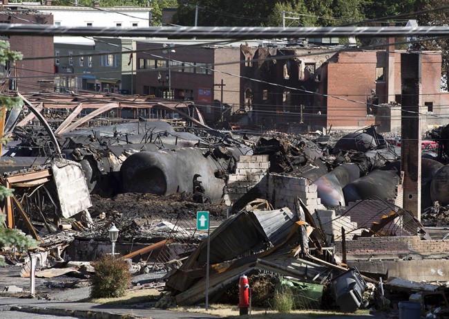 The downtown core lies in ruins Thursday, July 11, 2013 in Lac-Megantic, Quebec after a train derailed and ignited tanker cars carrying crude.
