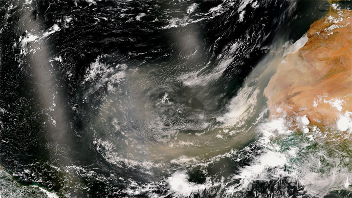 A NASA satellite image captured dust from the Sahara Desert as it crossed the Atlantic Ocean.