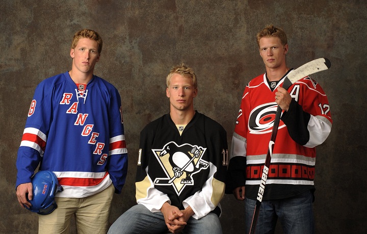 NEW YORK - SEPTEMBER 03: Marc Staal of the New York Rangers(L), Jordan Staal of the Pittsburgh Penguins (C) and Eric Staal (R) of the Carolina Hurricanes pose for the NHLI Stylized Portrait shoot during the NHL Media Tour at the Empire Hotel on September 3, 2008 in New York City.  