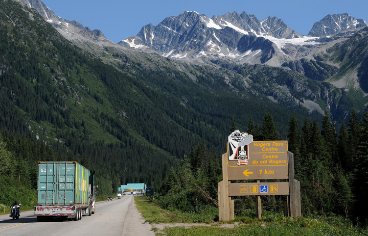 The Trans-Canada Highway through the Rogers Pass in Glacier National Park in British Columbia. The rocky peaks are the Selkirk Mountains. The Canadian Press Images/Don Denton.