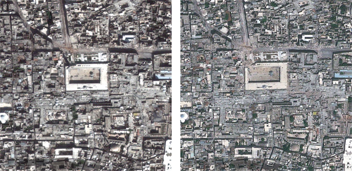 Composite satellite photo made available by Amnesty International on Wednesday Aug. 7 2013 of the Great Mosque of Aleppo, Syria, a UNESCO world heritage site, on March 1, 2013, left, compared to May 26, 2013, right.
