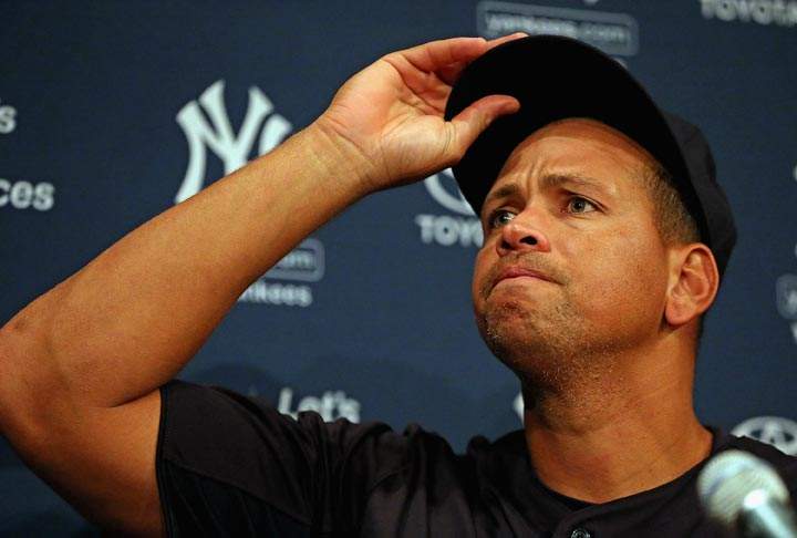 Alex Rodriguez of the New York Yankees speaks to the media before the Yankees take on the Chicago White Sox at U.S. Cellular Field on August 5, 2013 in Chicago, Illinois. 