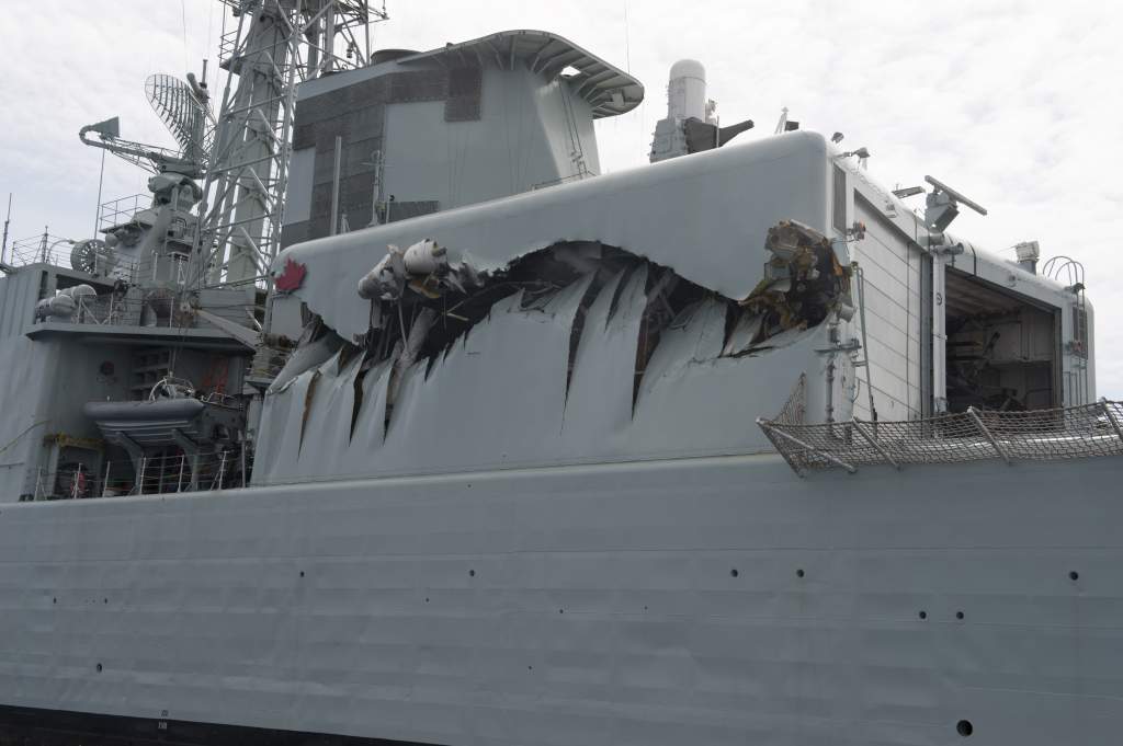 HMCS Algonquin sustained significant damage after colliding with another warship. 