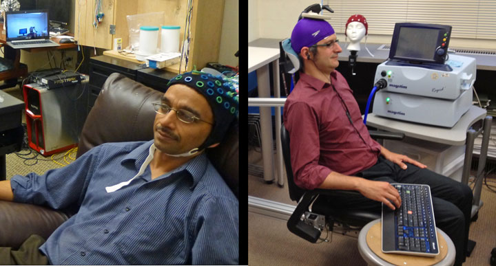 University of Washington researcher Rajesh Rao, left, plays a computer game with his mind. Across campus, researcher Andrea Stocco, right, wears a magnetic stimulation coil over the left motor cortex region of his brain. 