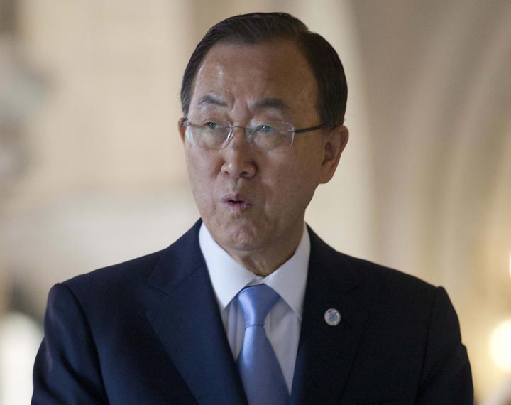 U.N. Secretary-General Ban Ki-moon is warning that any possible airstrikes against Sunni extremists in Iraq could be ineffective and backfire. He is urging Iraq's feuding communities to unite against the terrorists who have captured a vast swath of territory.