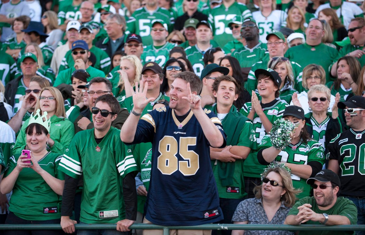 A Winnipeg Blue Bombers fan reminds the Saskatchewan Roughriders bench how many games they have lost as CFL football action at Mosaic Stadium comes to an end on Sunday, Sept. 4, 2011 in Regina. The Riders defeat the Bombers 27-7. 