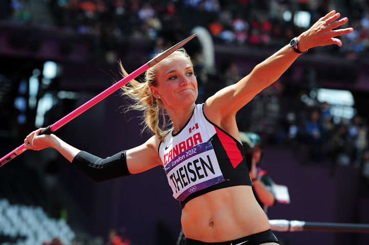 Saskatchewan’s Brianne Theisen competes in the Women's Heptathlon Javelin Throw at the London 2012 Olympic Games on August 4, 2012.